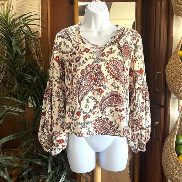 Banana Republic Y2K Paisley Lace Up Blouse S Petite | Boho Cottage Festival Top - Picture 1 of 6